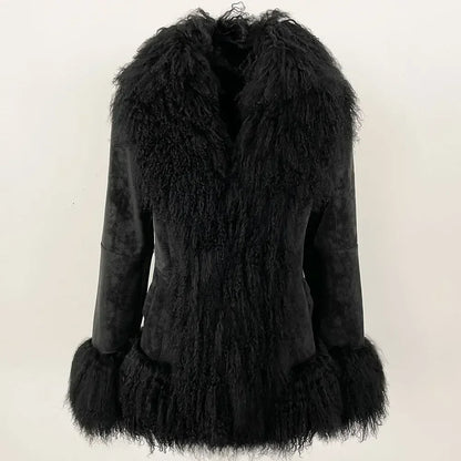 Autumn Winter Women Coat Real Natural Mongolia Sheep Fur Turn-down Collar New Fashion Jacket Thick Warm Casual Overwear