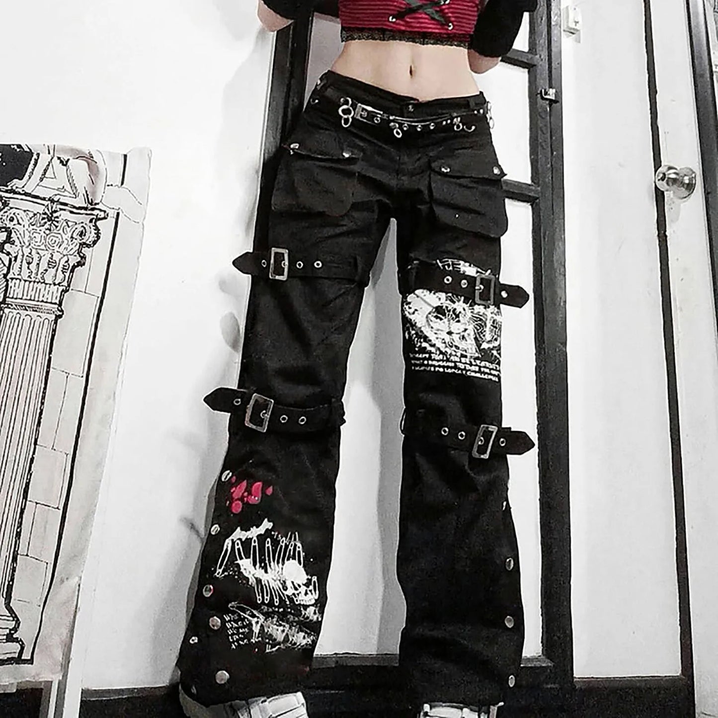 Women'S Trousers Low-Rise Gothic Jeans Street Washed Print Style Cool Loop Pants Retro Hip Hop Wide-Leg Pants Harajuku Fashion