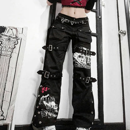 Women'S Trousers Low-Rise Gothic Jeans Street Washed Print Style Cool Loop Pants Retro Hip Hop Wide-Leg Pants Harajuku Fashion