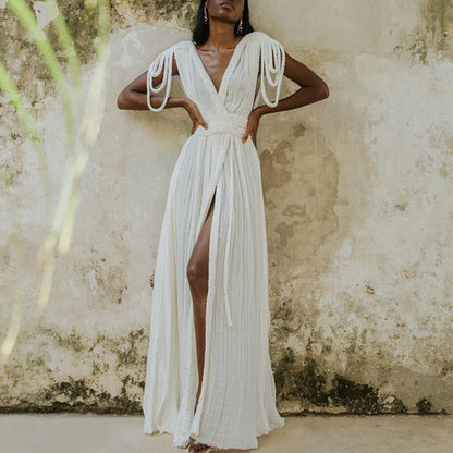 Sexy Deep V-neck Bandage Robe Long Dress 2024 Women Elegant High Waist Split Solid Party Dress Summer Fashion Pleated Maxi Dress