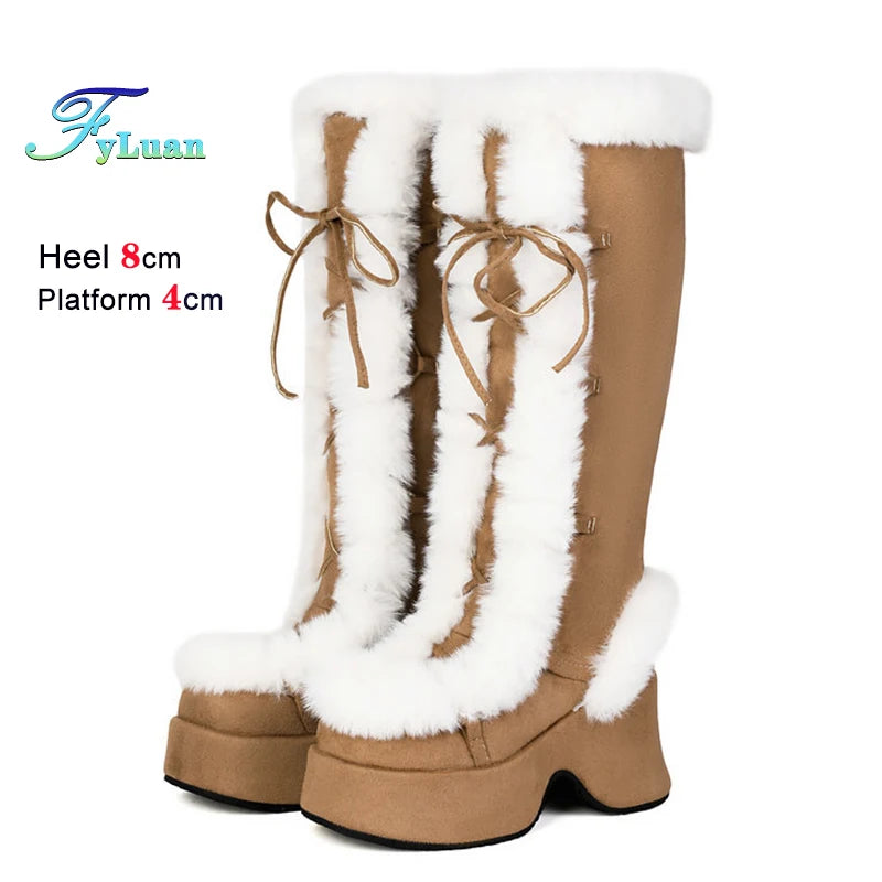 8CM Chunk Heels Winter Warm Knee High Boots Women Snow Short Plush Platform Boots Faux Fur Cosplay Lace-up Long Shoes Size 34-43