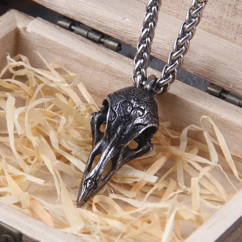 Retro Nordic Odin Crow Skull Pendant for Men Women Gothic 316L Stainless Steel Raven Skull Necklace Fashion Jewelry with box