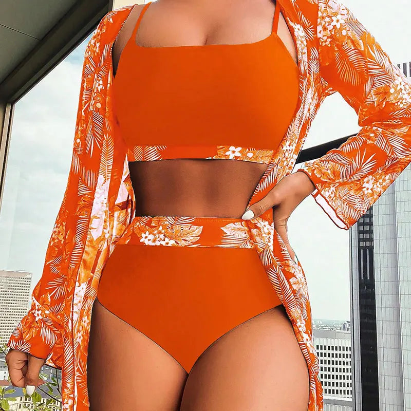 SWELTERING New Sexy High Waist Bikini 3 Piece Set Maple Leaf Printed Swimsuit Women's Bikini Set Split Swimwear Long sleeved Top