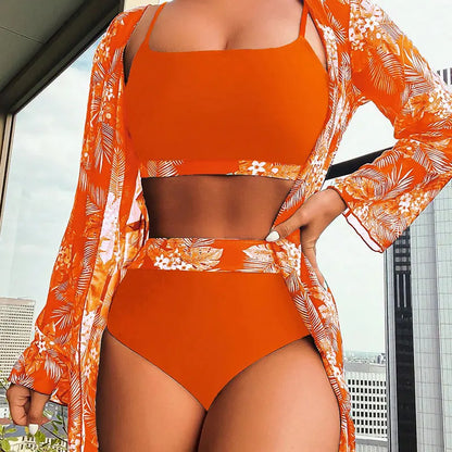 SWELTERING New Sexy High Waist Bikini 3 Piece Set Maple Leaf Printed Swimsuit Women's Bikini Set Split Swimwear Long sleeved Top