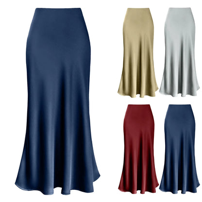 Silk Satin A-Line Pleated Long Skirts Women 2024 Summer Korean Elegant Skirt High Waist Solid Satin Dress Midi Maxi Skirt 스커트