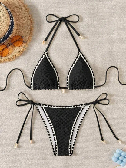 Sexy White Contrast Bikinis Sets 2025 Women Shell Ornament Push Up Tie Side Thong Swimsuit Summer Bathing Suit Micro Swimwear