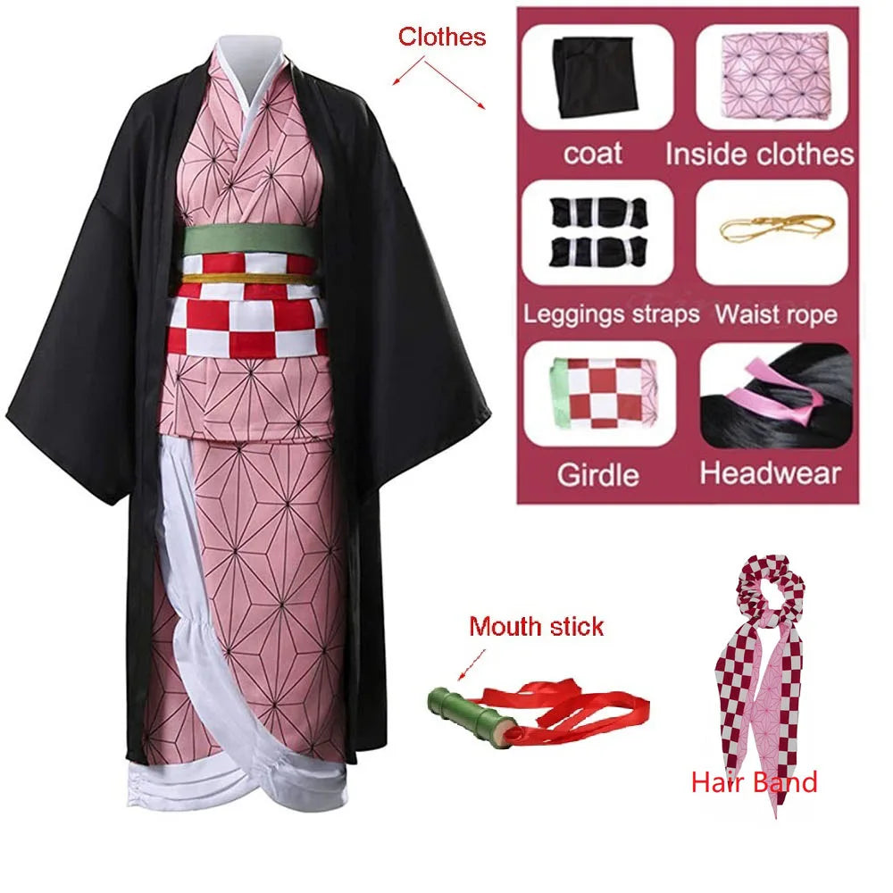EtherealBe Demon Slayer Nezuko cosplay costume with detailed patterns and accessories including hair band and mouth stick
