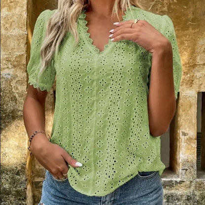 Elegant Women's Casual White Lace Shirt Blouses Office Summer Ruffles Short Sleeve Shirts For Women Hollow Out Simple Top Female