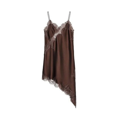 Brown Satin Sexy Lace Spliced Short Sling Dress Women V-neck Sleeveless Backless Asymmetric Party Dresses 2025 Summer Lady Robes