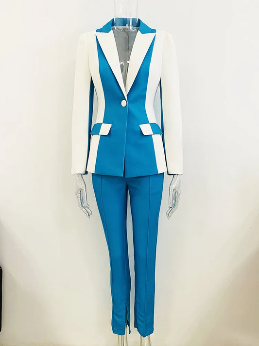 HIGH STREET Newest 2024 Designer Runway Suit Set Women's Contrast Color Blazer Pencil Pants Suit 2pcs