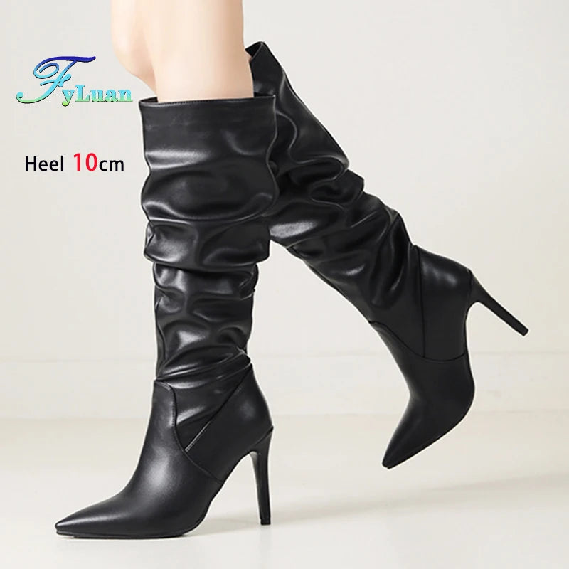 2025 Winter Knee Boots With Heels Woman 10CM Stiletto Fashion Slip on Pointy Autumn Shoes Women Soft Leather Pleated Long Boots