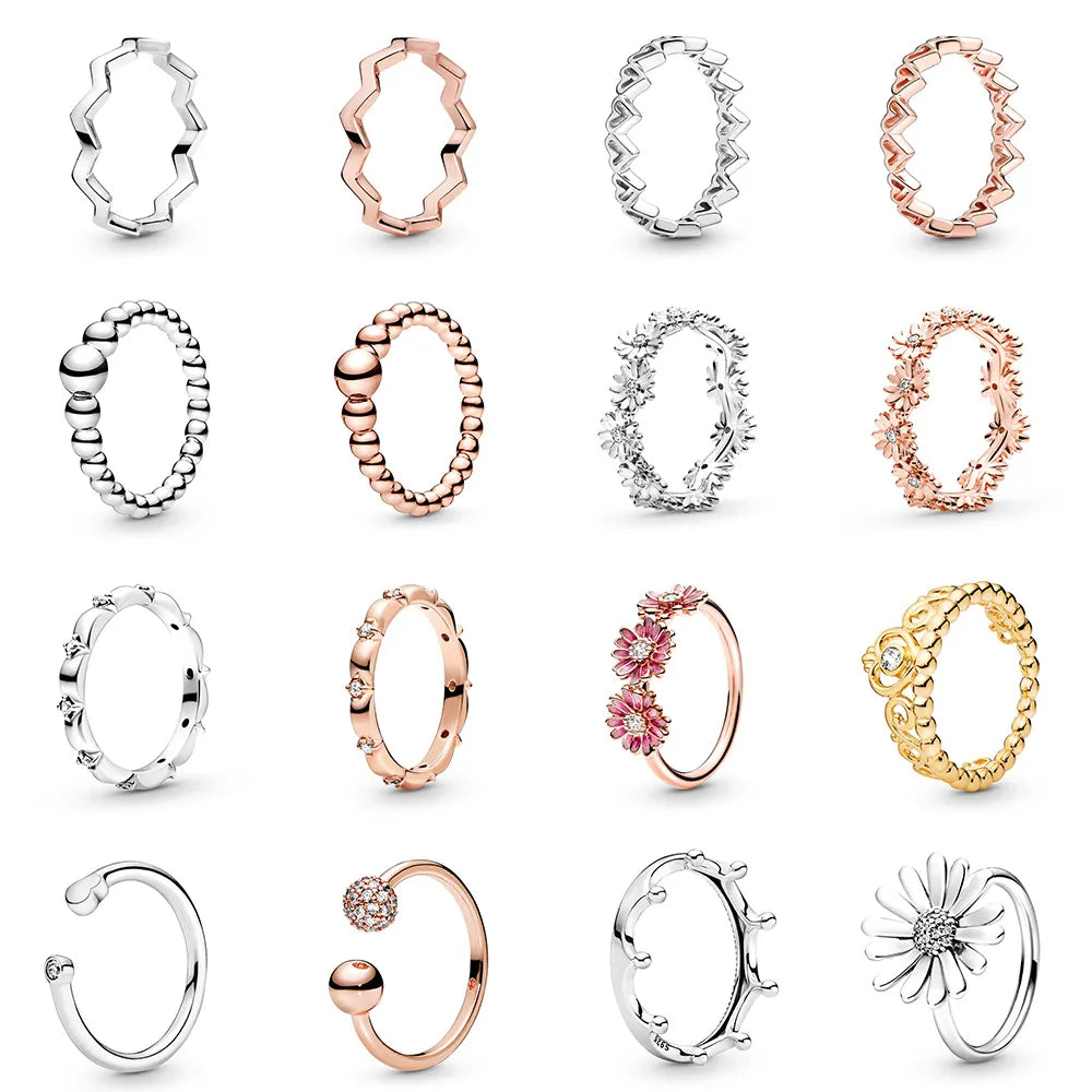 925 Sterling Silver Ring Charms Rose Gold Stripe Design Round Ball Diy Crystal Flower Finger Ring for women pandora Jewelry