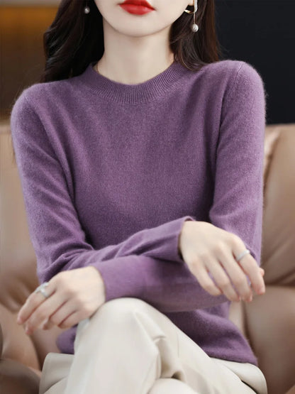 Fashion 100% Merino Wool Sweater Elegant Cashmere Pullover Women O-Neck Long Sleeve Knitwear Basic Clothing  Jumper Tops