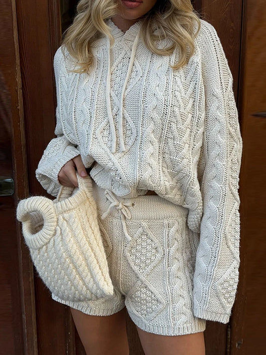 White Cable Knit Argyle Hooded Co-ord Set Long Sleeve Sweater Bodycon Shorts 2025 Cozy Retro Women Sets Daiy Casual Lady Outfit