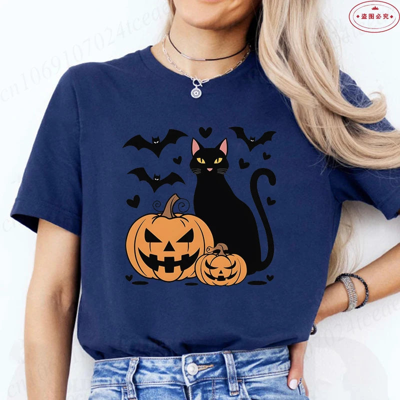 Black Cat Halloween Print Women's Summer T-shirt Casual Clothing Oversized Y2k Personality Short Sleeve Tops Spooky Season Tees