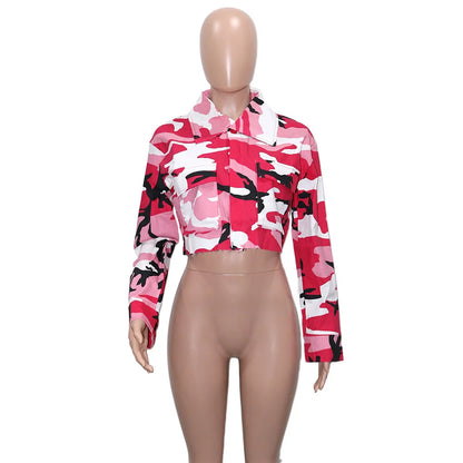 Women's Clothes Coats Casual Fashion Camouflage Print Large Pocket Lapel Long Sleeve Short Jacket for Women