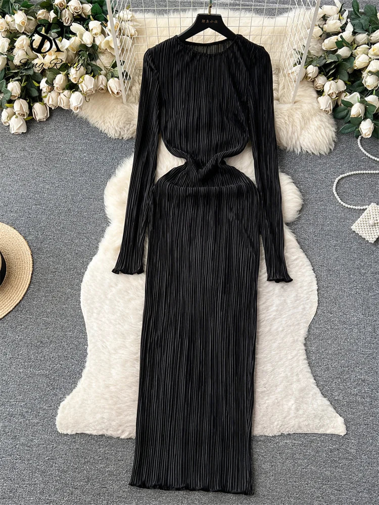 SINGREINY Solid Pleated Long Dress O Neck Full Flare Sleeves HIgh Elastic Female Skinny Fashion Autumn Retro Bodycon Party Dress