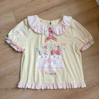 2026 Spring Japanese Cute T-shirts Women Casual Y2k Crop Top Kawaii Blouse and Mini Cake Skirts Outwear Lolita Vintage Tees Chic