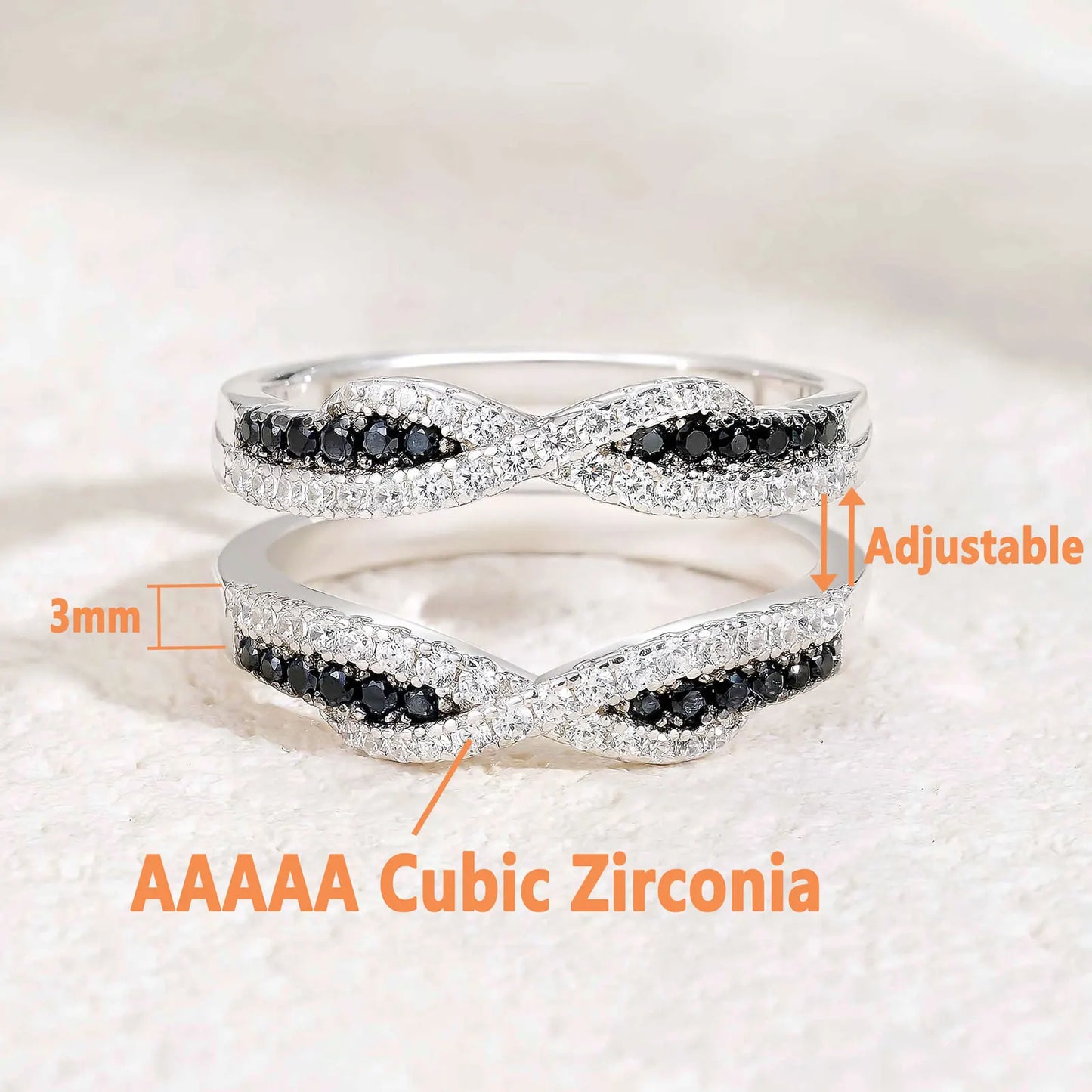 Newshe 925 Sterling Silver Black Blue White 5A Grade Cubic Zircon Wedding Ring Enhancer for Women Twist Rope Design Fine Jewelry