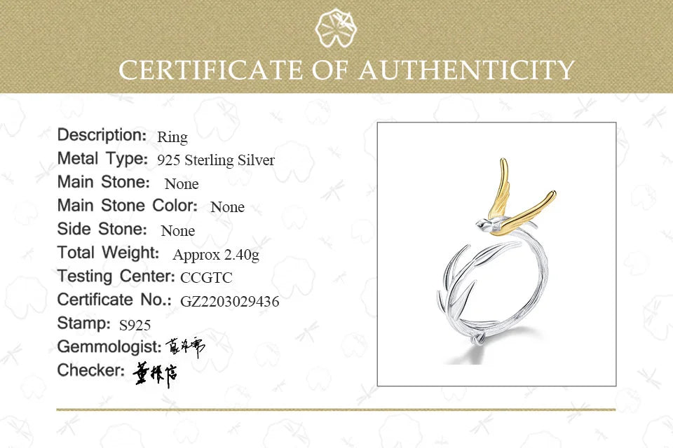 Lotus Fun 18K Gold Swallow Willow Branch Unusual Asymmetrical Rings for Women Real 925 Sterling Silver Original Fine Jewelry