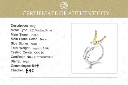 Lotus Fun 18K Gold Swallow Willow Branch Unusual Asymmetrical Rings for Women Real 925 Sterling Silver Original Fine Jewelry