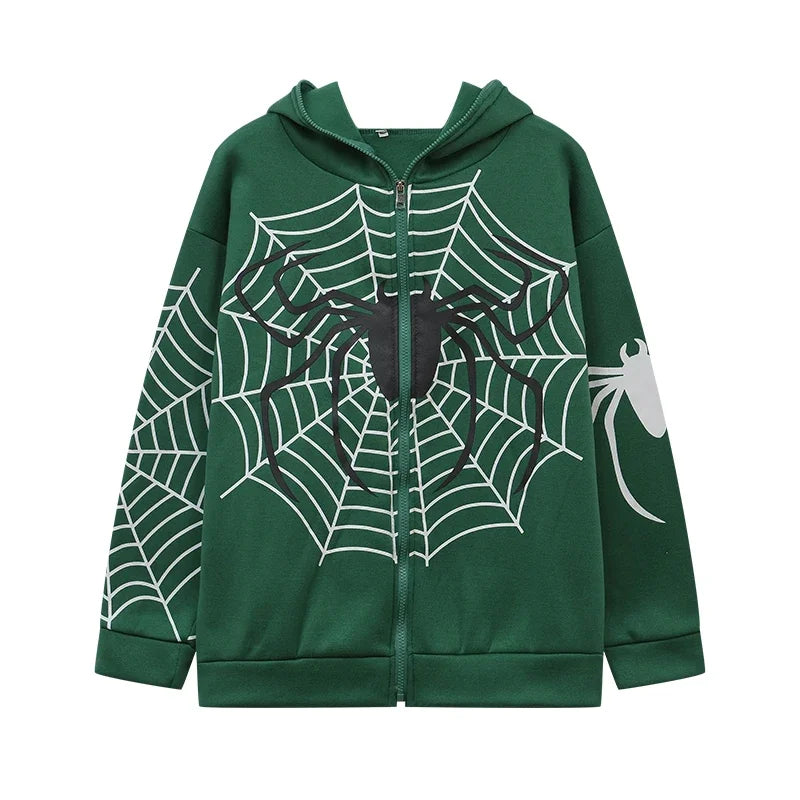 Green spider web zipper hoodie for women with black spider front graphic white web sleeve print