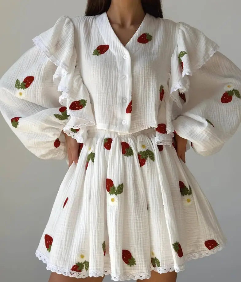 Spring And Summer New Fashion Ruffle Edge Long Sleeved Printed Shirt + Elastic Waist Short Skirt Set For Women,4 Colors