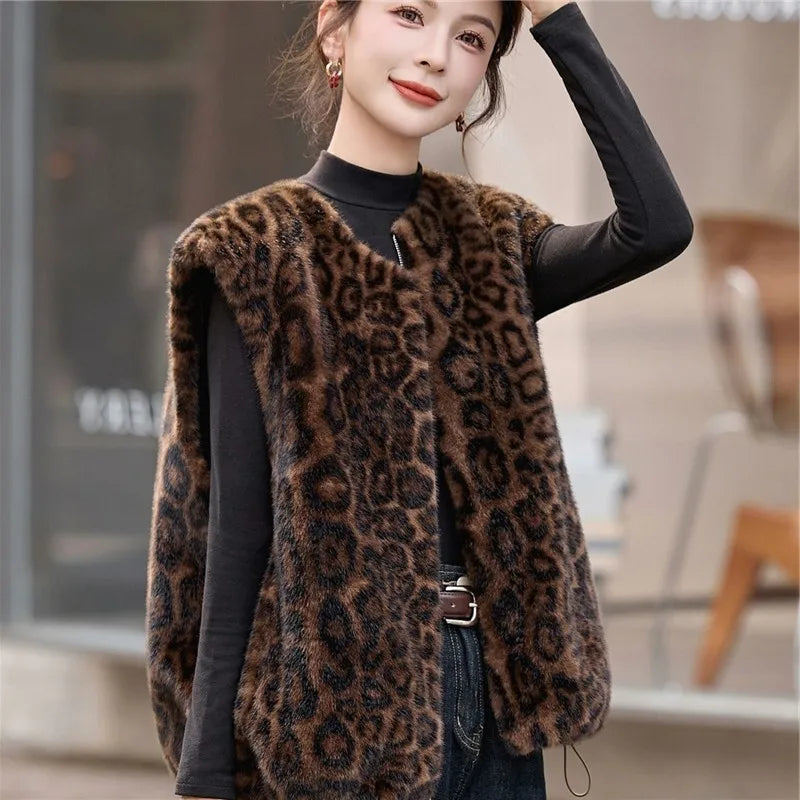 Winter fashion  casual senior sense thin  fur integrated leopard print vest warm top clothing  chalecos para mujer