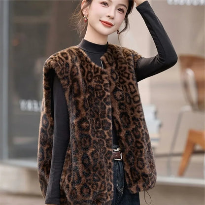 Winter fashion  casual senior sense thin  fur integrated leopard print vest warm top clothing  chalecos para mujer