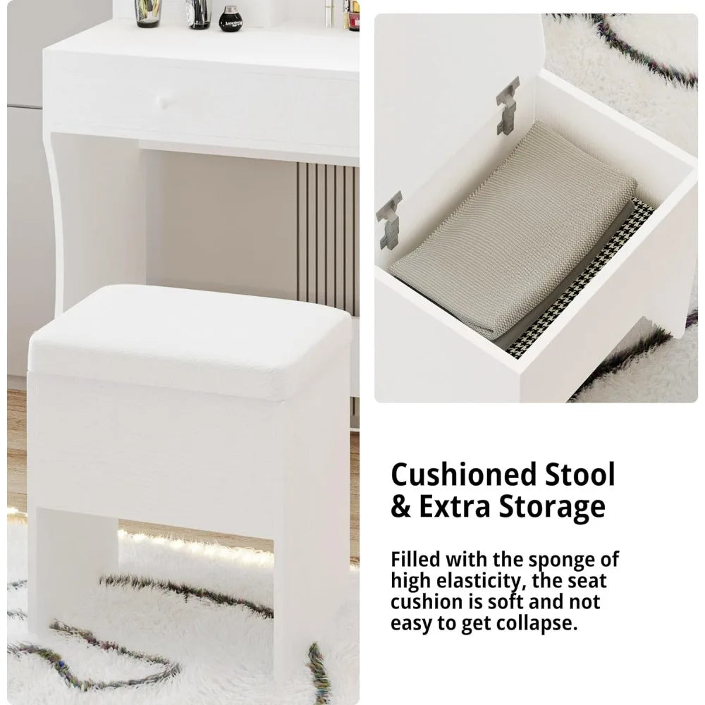 Vanity Desk with LED Lighted Mirror & Power Outlet & 4 Drawers, Home Makeup Table Set with Storage Stool