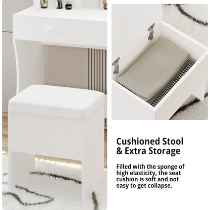 Vanity Desk with LED Lighted Mirror & Power Outlet & 4 Drawers, Home Makeup Table Set with Storage Stool