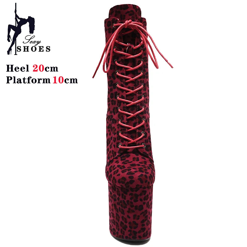 Sexy Fetish Leopard 20cm/8Inch Women's high-heeled Ankle Boots Lace-up Zip Platform Suede Pole Dance Shoes Large Size 44 WESTERN