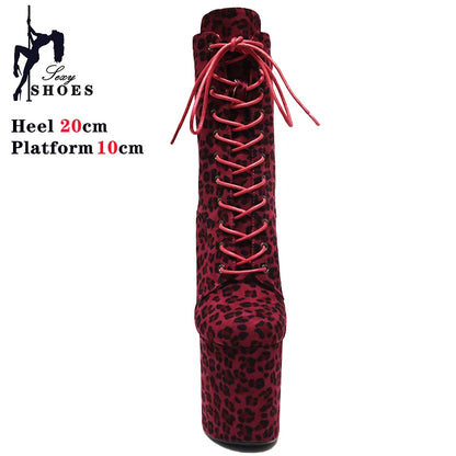 Sexy Fetish Leopard 20cm/8Inch Women's high-heeled Ankle Boots Lace-up Zip Platform Suede Pole Dance Shoes Large Size 44 WESTERN