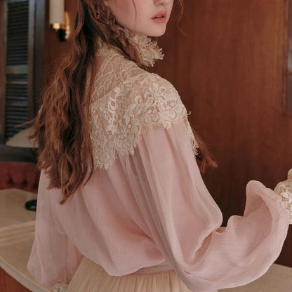 France Style Elegant Sweet 2 Piece Set Women Vintage Lace Patchwork Long Sleeve Blouse Top Mesh Skirt Suit Female Lolita Outfits