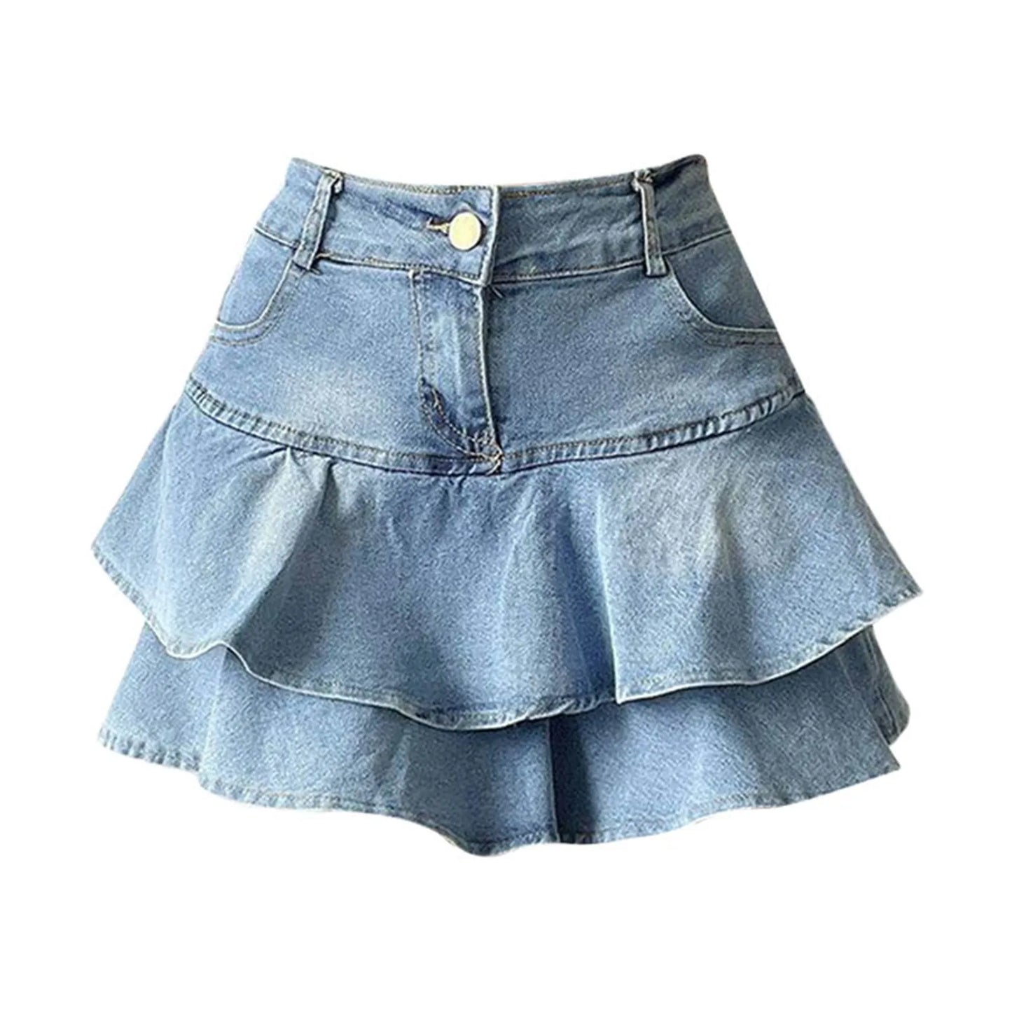 Y2k Skirt Women Ruffles Double Layer High Waisted Light Blue Denim Skirt JK Uniforms Irregular Curved Streetwear Korean Skirt