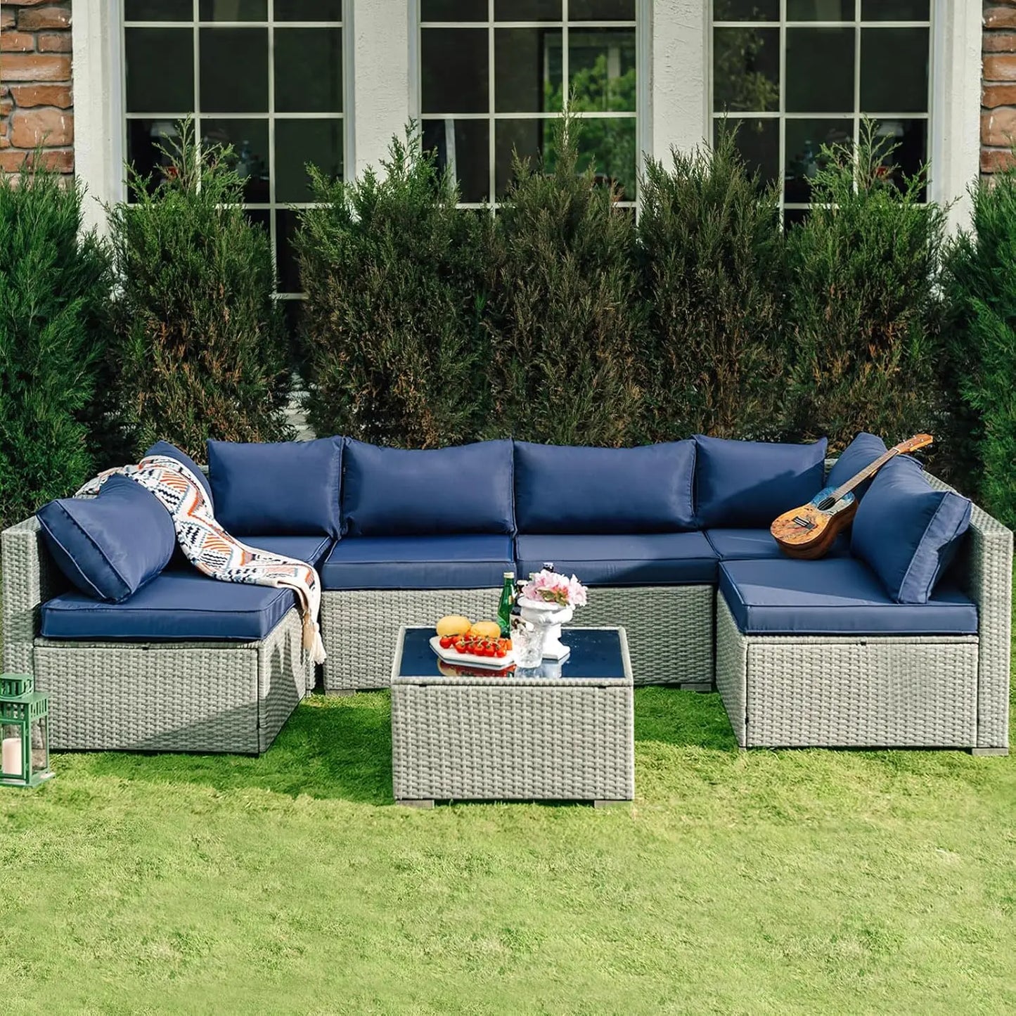 7 Pieces Patio Furniture Set - Outdoor Sectional Wicker Rattan Furniture with Cushion and Glass Table Patio Poolside Backyard
