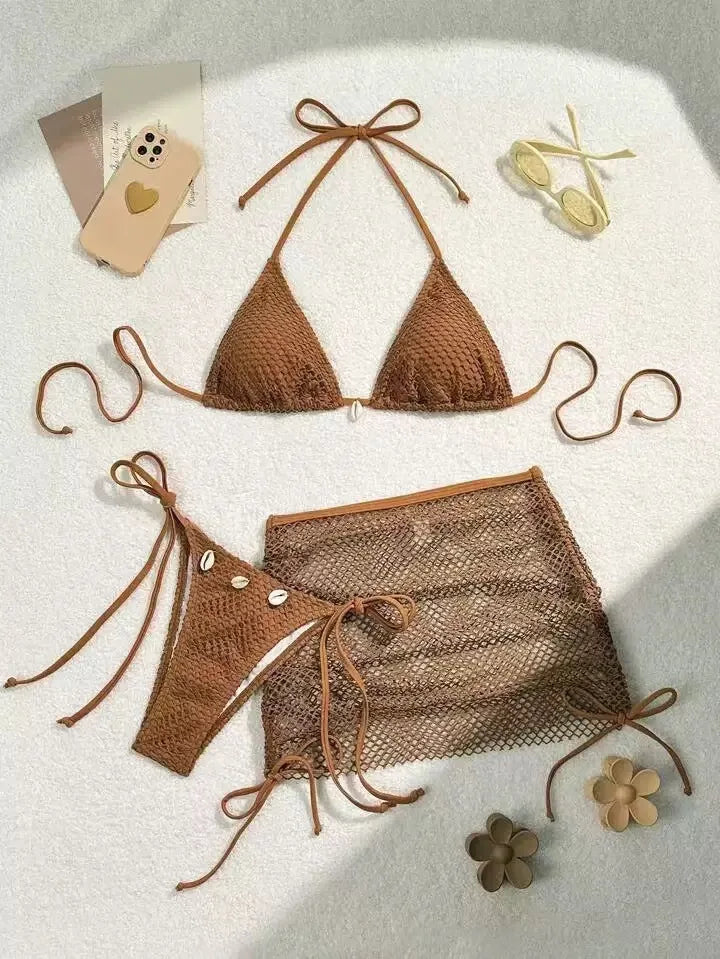 Summer Swimsuit For Women Sexy Bikini Set Push-up Padded Bra Thong Three Pieces  Neck Halter Beachwear Bathing Sexy Swimsuits
