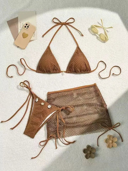 Summer Swimsuit For Women Sexy Bikini Set Push-up Padded Bra Thong Three Pieces  Neck Halter Beachwear Bathing Sexy Swimsuits