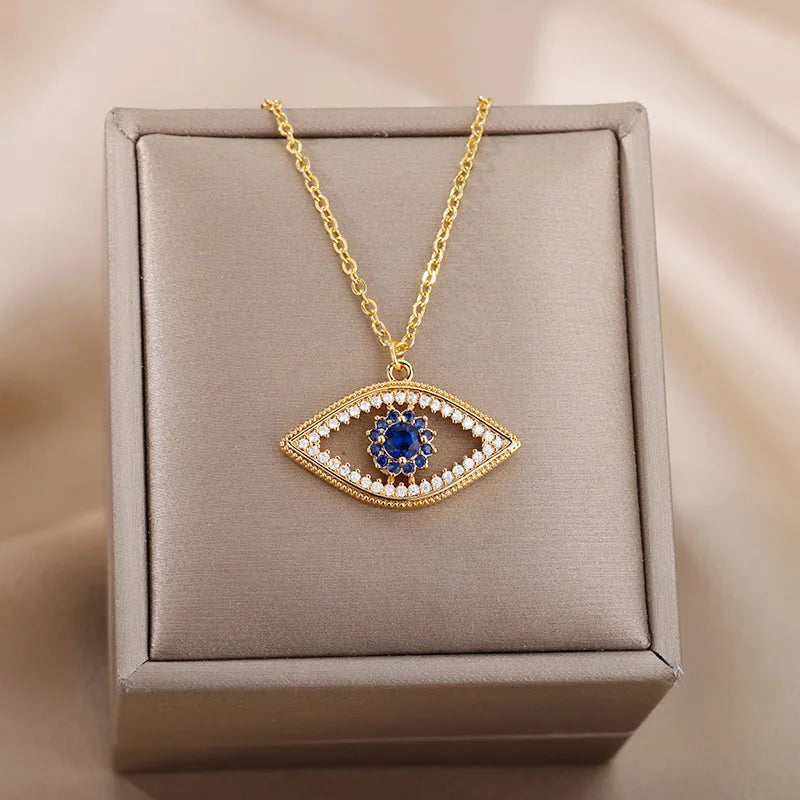 Zircon Evil Eye Necklaces for Women Stainless Steel Sun Pendant Chain Collier Necklace Fashion Turkey Eyes 2023 Goth Jewelry