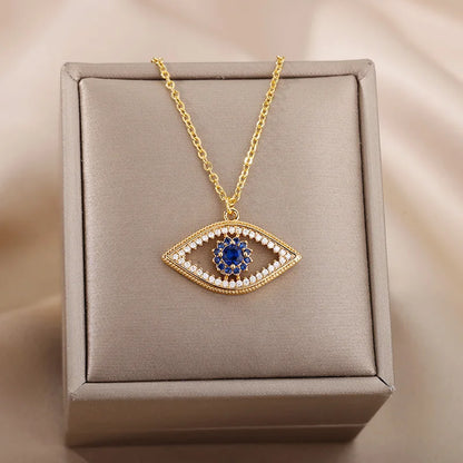 Zircon Evil Eye Necklaces for Women Stainless Steel Sun Pendant Chain Collier Necklace Fashion Turkey Eyes 2023 Goth Jewelry