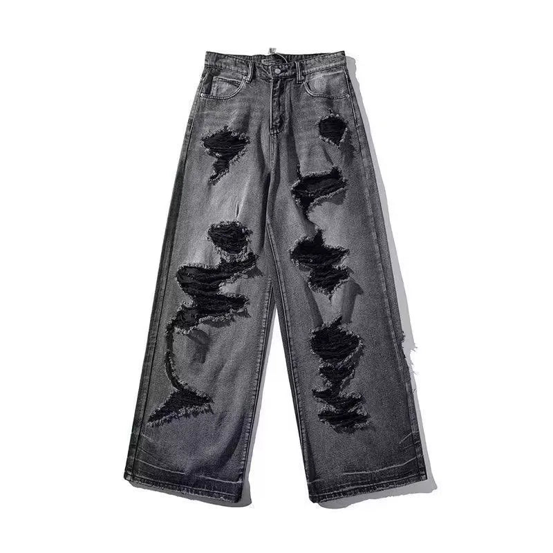 Ripped jeans for women in summer, cool, old high street American wide-leg pants loose and versatile straight trousers y2k jeans