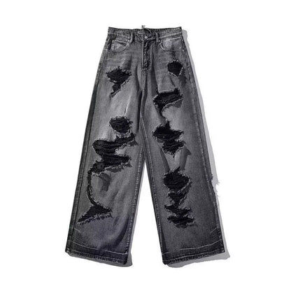 Ripped jeans for women in summer, cool, old high street American wide-leg pants loose and versatile straight trousers y2k jeans