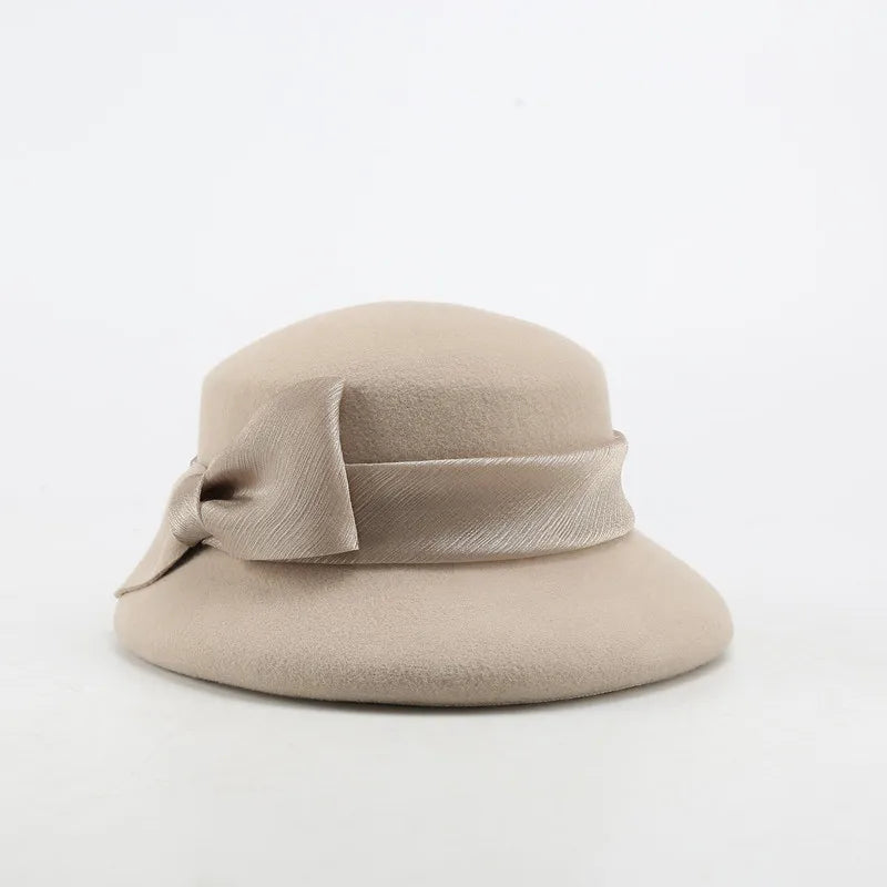 FS Fashion Warm Wool Felt Women's Fedoras Simple Chic Hats Bowknot Bucket Cap Ladies Top Hat Vintage Caps For Women
