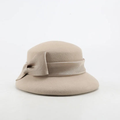 FS Fashion Warm Wool Felt Women's Fedoras Simple Chic Hats Bowknot Bucket Cap Ladies Top Hat Vintage Caps For Women