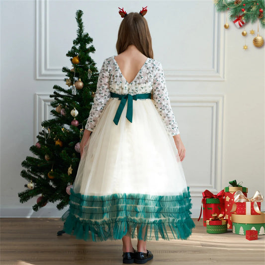 Christmas Kids Girls Green Dresses For Kids Long Sleeve Party Princess Clothes Costume 4-14 Yrs Elegant Wedding Evening Vestidos