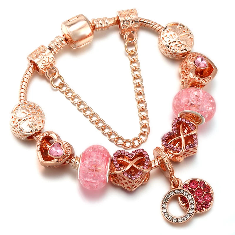 Spring Style Charms Bracelets For Women With Snake Chain Pink Daisy DIY Charms Beads Pendants Fashion Jewelry Dropshipping
