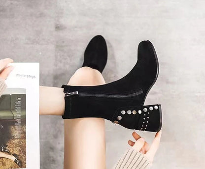 Mid Calf Round Toe Black Shoes For Women Ladies Boots Biker Footwear Studded Half High Gothic Hot Stylish And Low Price Pu