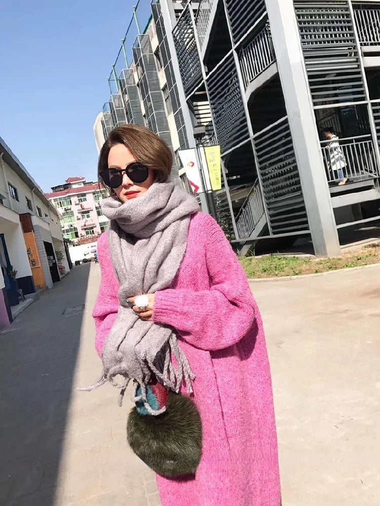 Winter Women Dress Fall Sweater Women Dress Long Sleeve Knitted Dresses Maxi Vintage Oversize Dresses Knitting Thick Warm Purple