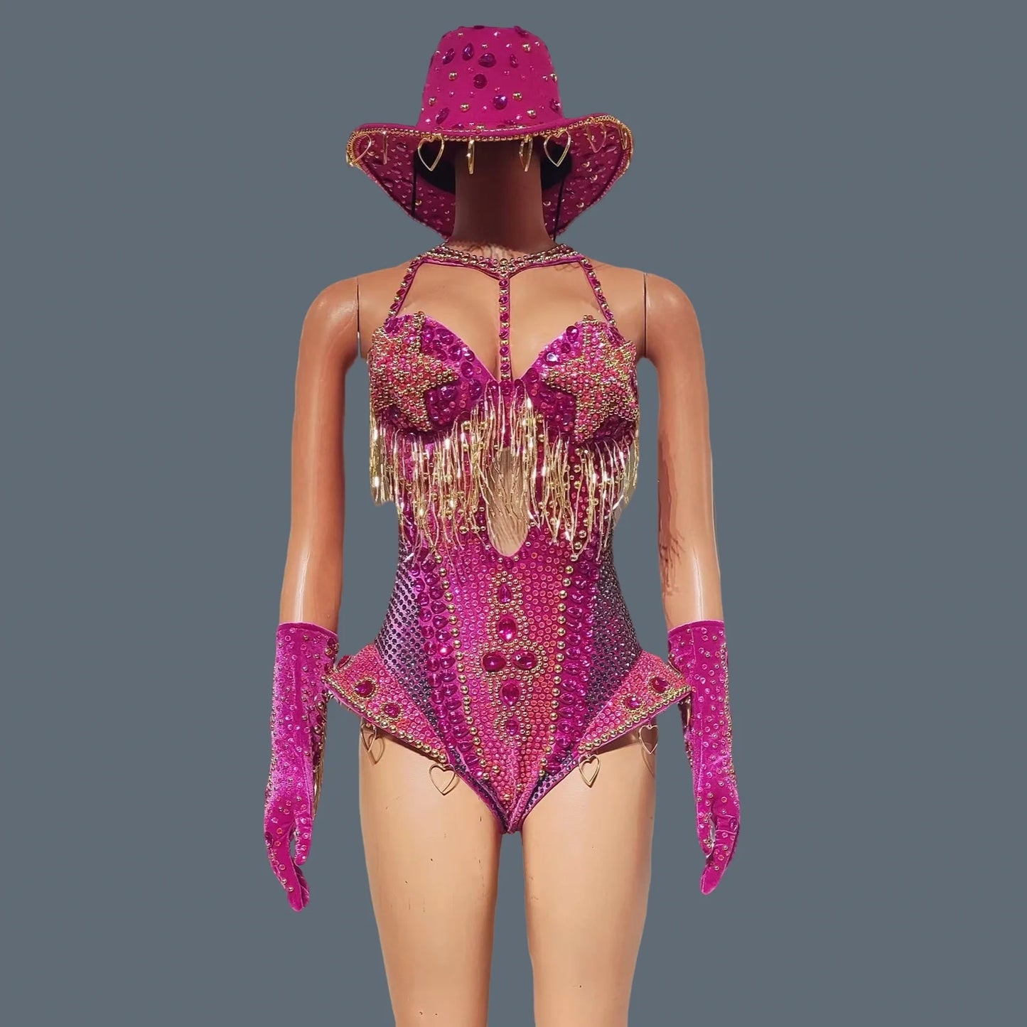 Women Sparkly Rhinestone Red Bodysuit 4Pieces Set Nightclub Party Stage Show Outfit Cabaret Carnival Showgirl Sexy Wear Hongding