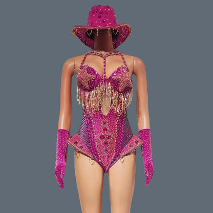 Women Sparkly Rhinestone Red Bodysuit 4Pieces Set Nightclub Party Stage Show Outfit Cabaret Carnival Showgirl Sexy Wear Hongding